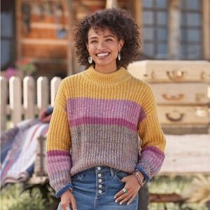 NWOT Sundance Women's Size L Eldora Ribbed Knit Colorblock Gold Purple Wool Blnd